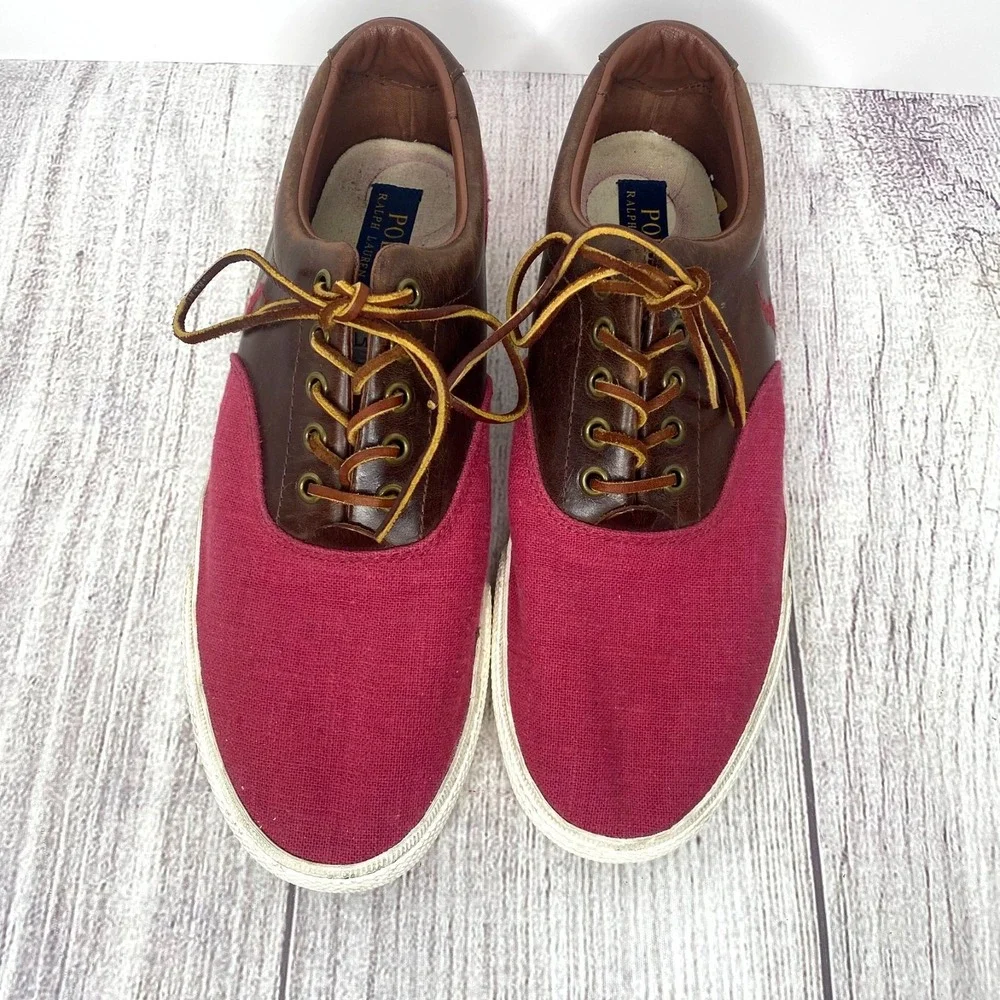 Ralph Lauren Polo Vaughn Men's 10.5D Red Linen Leather Canvas Boat Shoes Sneaker